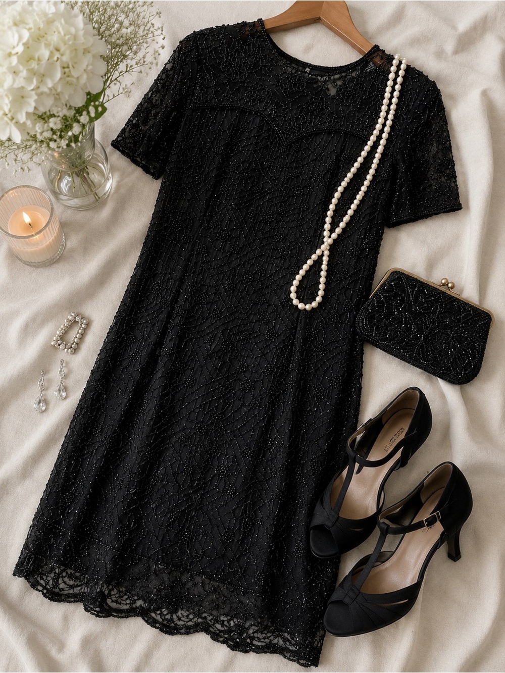 Vintage Stenay 100% Silk Beaded Cocktail Dress Size 14 Black Art Deco